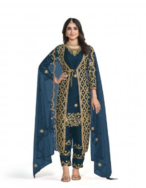 navy blue koti - heavy butterfly net with embroidery cording work with diamond | top - heavy butterfly net with embroidery cording work with diamond | inner - heavy japan satin | bottom - japan satin with patch work | dupatta - heavy net 4 side lace | size - max upto 52 inches  fabric embroidery work ethnic 