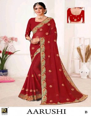 red georgette  fabric embroidery work festive 