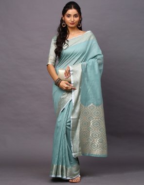 sky linen blend printed celebrity saree with blouse piece  fabric printed  work festive 