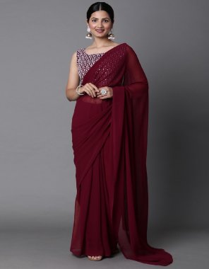 maroon georgette embelished celebrity saree with blouse piece  fabric embroidery work ethnic 