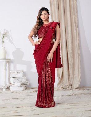 red saree - imported fabric with sequin work in plaits + on pallu sequins work broach and little frill | blouse - exquisite sequin work | size - 36 (ready) | 2-2 inch margin extended to 40 | sleeves inside  fabric embroidery work festive 