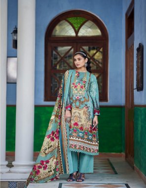 sky top - print pure lawn cotton embroidery work with gpo lace | bottom - heavy semi lawn | dupatta - print cotton mal fabric embroidery work festive 