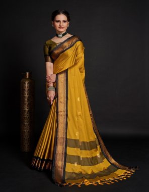 yellow banarasi silk saree with unstitched blouse  fabric printed  work festive 