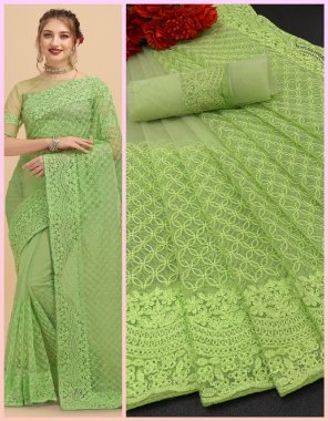 parrot green soft heavy net | heavy fancy work | blouse - soft heavy net | saree length - 5.50 mtrs| blouse - 0.8 m (master copy)  fabric embroidery  work ethnic 