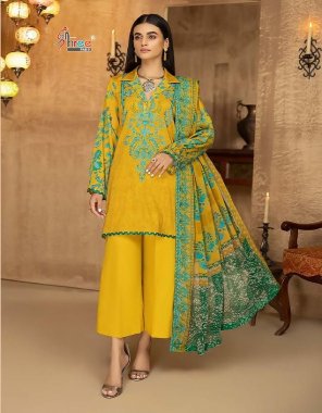 yellow top - pure cotton print  with self embroidery | bottom - semi lawn | dupatta - chiffon embroidered (pakistani copy) fabric embroidery  work wedding 