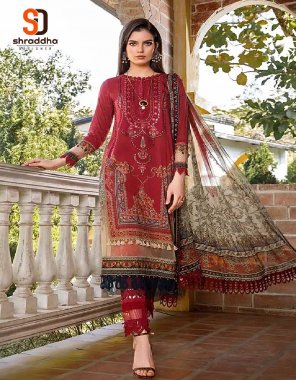 red top - lawn cotton printed with heavy embroidery patch | bottom - semi lawn | dupatta - mal mal cotton printed (pakistani copy) fabric embroidery  work festive 