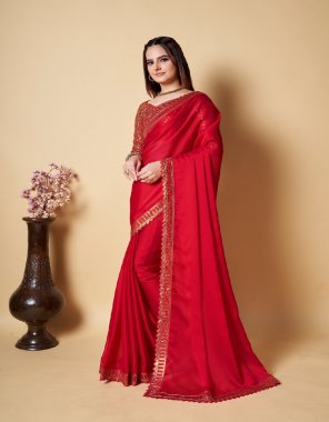 red rangoli silk | work - lace border work with designer blouse  fabric embroidery  work wedding 