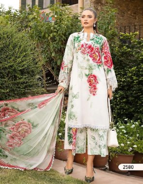 white top- pure cotton print with exclusive embroidery patches | bottom - semi lawn printed / dyed | dupatta - chiffon (pakistani copy) fabric embroidery  work festive 