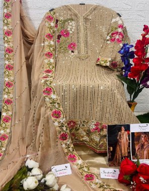 golden top - fox georgette heavy embroidery work with handwork  | bottom / inner - heavy santoon | dupatta - nazmin heavy embroidery work with heavy lace work (pakistani copy) fabric embroidery  work wedding 