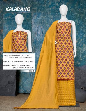 yellow top - pure moddhal cotton foil print with khatli handwork | bottom - pure moddhal cotton print | dupatta - pure moddhal cotton print dyed with sequence work  fabric sequence  work ethnic 