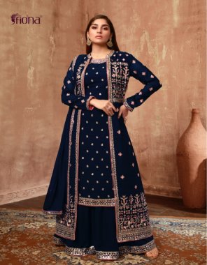 navy blue top - real georgette with embroidery | shrug - real georgette with front and back embroidery | sharara - real georgette with embroidery | dupatta - real georgette with work | stitched - xl free size  fabric embroidery  work wedding 