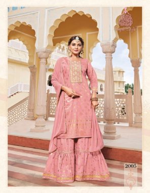 pink chanderi print | fancy sequence embroidery work | chanderi sharara | length - 46 fabric embroidery  work wedding 