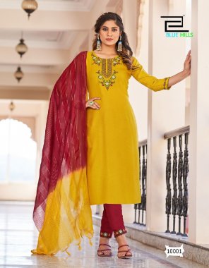 yellow top - viscose dobby with embroidery work | bottom - rayon 14kg | dupatta - fancy dupatta  fabric embroidery  work ethnic 