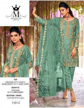parrot green top - organza with heavy embroidery with hand work | dupatta - organza with embroidery | bottom / inner - cotton with lace (pakistani copy) fabric embroidery  work wedding 