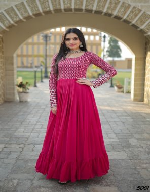 pink fabric & work - faux blooming with sequins - multi & zari embroidered work | length - upto 56 inch approx| flair - 7 mtr lining cotton ( full inner top to bottom) | sleeves - regular full sleeve | neck type - fancy round neck  fabric embroidery  work wedding 