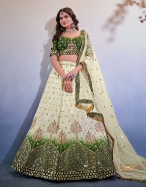 dark green lehenga - premium chinon with can can | blouse - premium chinnon | dupatta - premium butterfly net | size - semi stitched (upto 42 bust & waist)  fabric sequence  work wedding 