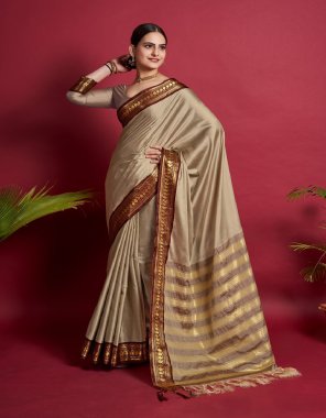 cream banarasi silk saree with un stitched blouse fabric printed  work ethnic 