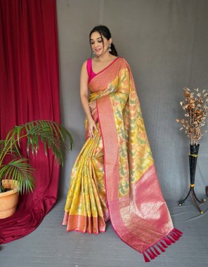 yellow pure tissue silk saree with gold zari and multi - colored weaving combination with running blouse and elegant flower motifs all over saree along with beautiful zari weaving border and rich pallu  fabric printed  work festive 