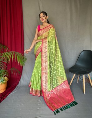 parrot green fabric - pure organza weaved saree with jacquard border rich pallu with rich tessels | blouse - contrast  fabric weaving  work festive 