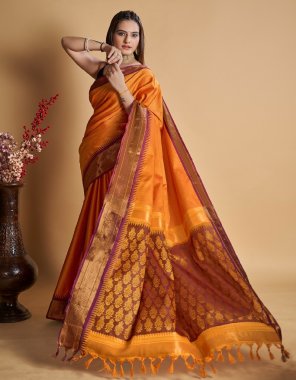 yellow banarasi silk saree with unstitched blouse  fabric printed  work festive 