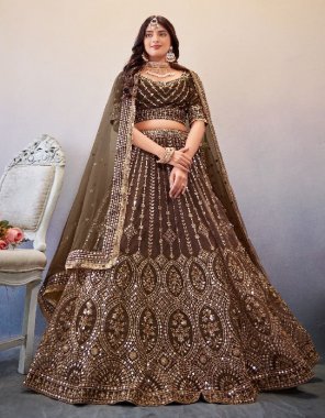 brown lehenga - premium butterfly net with can can | blouse - slub georgette | dupatta - premium butterfly net | size - semi stitched (upto 42 bust & waist)  fabric embroidery  work wedding 