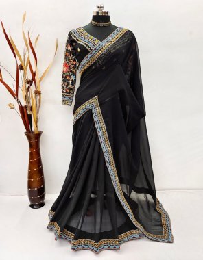 black saree - heavy georgette with embroidery sequins work lace border | blouse - heavy georgette with embroidery sequins work with full heavy work sleeve sticthed blouse 40+ margin (master copy) fabric embroidery  work wedding 