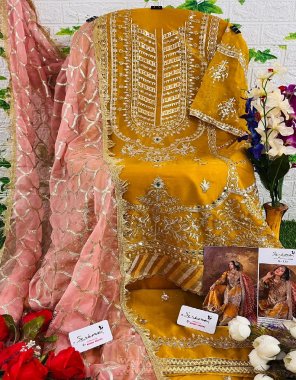 yellow top - organza heavy embroidered with daimond work | inner t / b - heavy santoon | bottom - organza heavy embroidered with daimond | dupatta - organza heavy embroidered with four side lace (pakistani copy) fabric embroidery  work wedding 