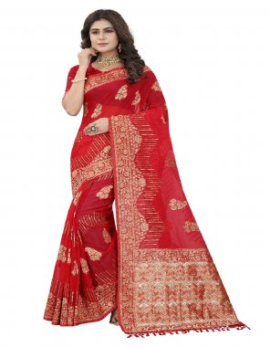 red heavy viscose organza saree with weaving zari & butti work saree comes with viscose organza blouse piece | saree size - 5.50 mtr | blouse piece - 0.80 mtr  fabric weaving  work festive 