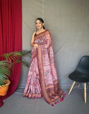pink cotton sarees with kashmiri digital print with contrast kashmiri and floral conceptual printed border and pallu attached with tassels | paired with printed blouse  fabric printed  work wedding 
