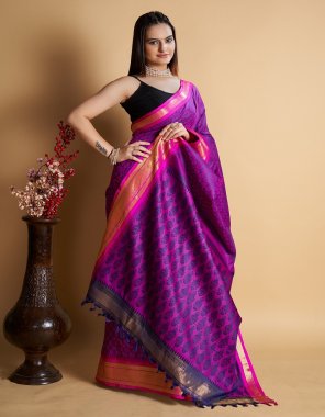 purple banarasi silk saree with unstitched blouse  fabric printed  work festive 