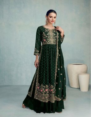 dark green  top - blooming georgette | dupatta - blooming georgette | bottom - blooming georgette | front & back work free size stitched  fabric embroidery  work ethnic 