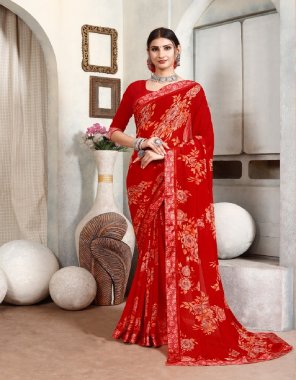 red weightless with satin lace & satin blouse  fabric printed  work festive 