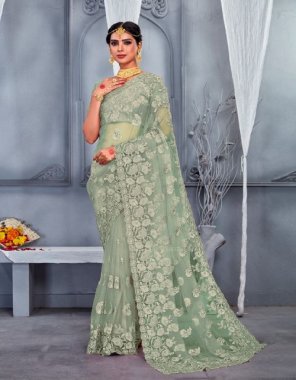 pista net saree crafted with heavy resham embroidery work with moti & stone work  saree comes with | 2.5 mtr satin inner with net blouse piece  fabric embroidery  work wedding 