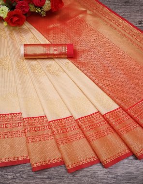 red fabric - soft lichi silk cloth | blouse - contrast with exclusive jacquard border (master copy) fabric printed  work festive 