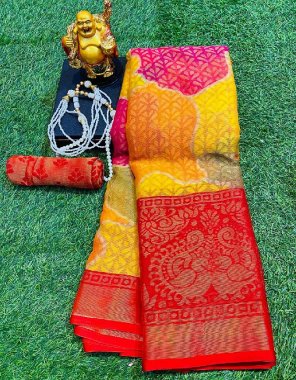 yellow chiffon brasso silk saree with unstiched blouse  fabric printed  work wedding 
