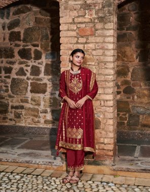 maroon kurti - placement jacquard with meena and handwork on pure dola silk | bottom - pure viscose silk with jacquard attachment | dupatta - pure viscose silk jacquard with jacquard border | length - 46