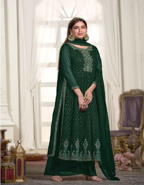 dark green top - blooming georgette with embroidery work | dupatta - nazmeen | palazzo - blooming georgette  fabric embroidery  work wedding 