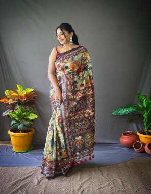 cream beautiful cotton saree with kalamkari digital printed with contrast kalamkari printed border and pallu attached | tassels paired with printed blouse  fabric printed  work wedding 