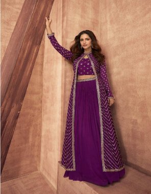 purple chinon silk | sizes - free size stitched  fabric embroidery  work ethnic 