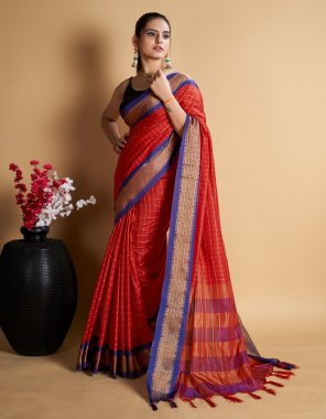 red banarasi silk saree with unstitched blouse  fabric printed  work ethnic 