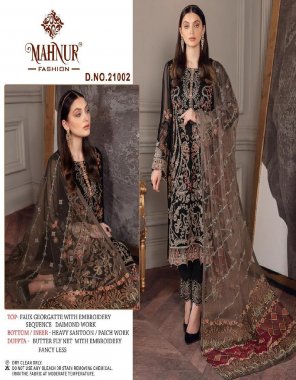 black top - fux georgette with embroidery sequence diamond work | bottom / inner - heavy santoon / patch work | dupatta - butterfly with embroidery fancy less(pakistani copy) fabric embroidery  work wedding 