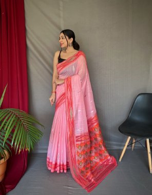 pink linen saree with chap border and ikkat conceptual weaved mottifs and rich pallu with full brocade contrast blouse  fabric weaving  work wedding 
