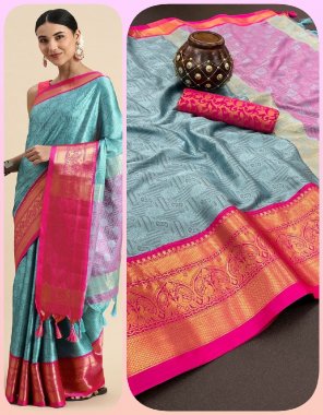 sky pure mercerised copper silk | saree - 5.5 mtr | blouse - 0.80 mtr | contrast matching blouse with contrast pallu  fabric printed  work wedding 
