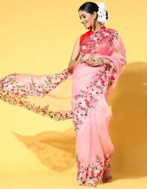 baby pink organza embellished cutwork party wear designer saree with blouse piece fabric embroidery  work festive 