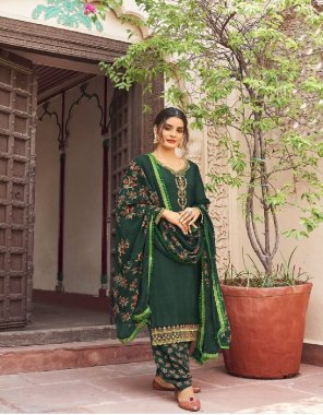 dark green top - french crape with embroidery work | bottom - all over printed french crape ( 3 m ) | dupatta - georgette print dupatta with lace work fabric embroidery  work wedding 