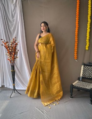 mustard original tissue silk saree with zari weaving all over having mango border having chit pallu with jhalar | paired with zari linning unstitched blouse  fabric weaving  work festive 