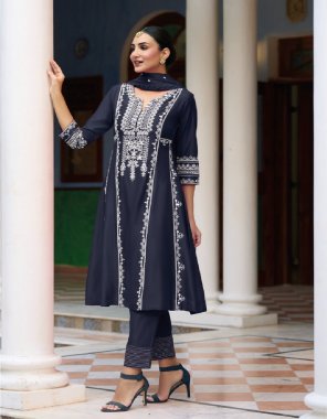 navy  top - roman silk with fancy embroidery work | bottom - roman silk with work | dupatta - organza with embroidery work  fabric embroidery  work wedding 
