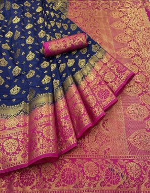 navy  pure banarasi silk look saree / broad 7 inch zari woven patta / rich contrast pallu & contrast designer blouse  fabric printed  work festive 