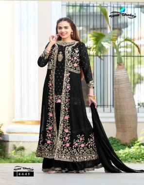 black top - blooming georgette| bottom - blooming georgette | dupatta - blooming georgette | shrug - blooming georgette | inner dull santoon | fully readymade with free size & margin  fabric embroidery  work wedding 