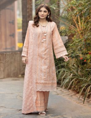 peach top - pure cotton with heavy siffali (front & sleeves ) work with cotton inner | bottom - cotton solid | dupatta - 4 designs pure cotton mal with heavy sifali work 4 design pure cotton heavy sifali work with digital print (pakistani copy) fabric embroidery  work festive 